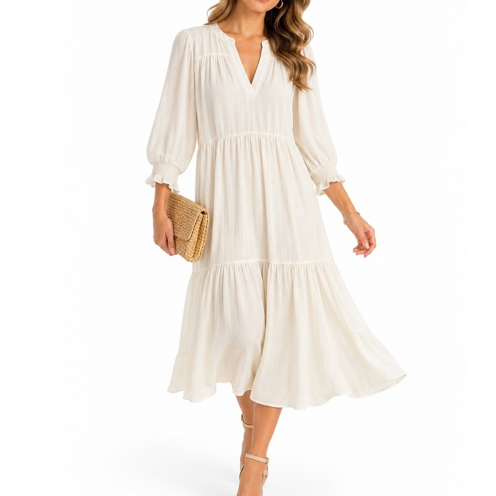 Express Boho Ecru Tiered V-Neck Maxi Dress Long Smocked Sleeve Women's Medium